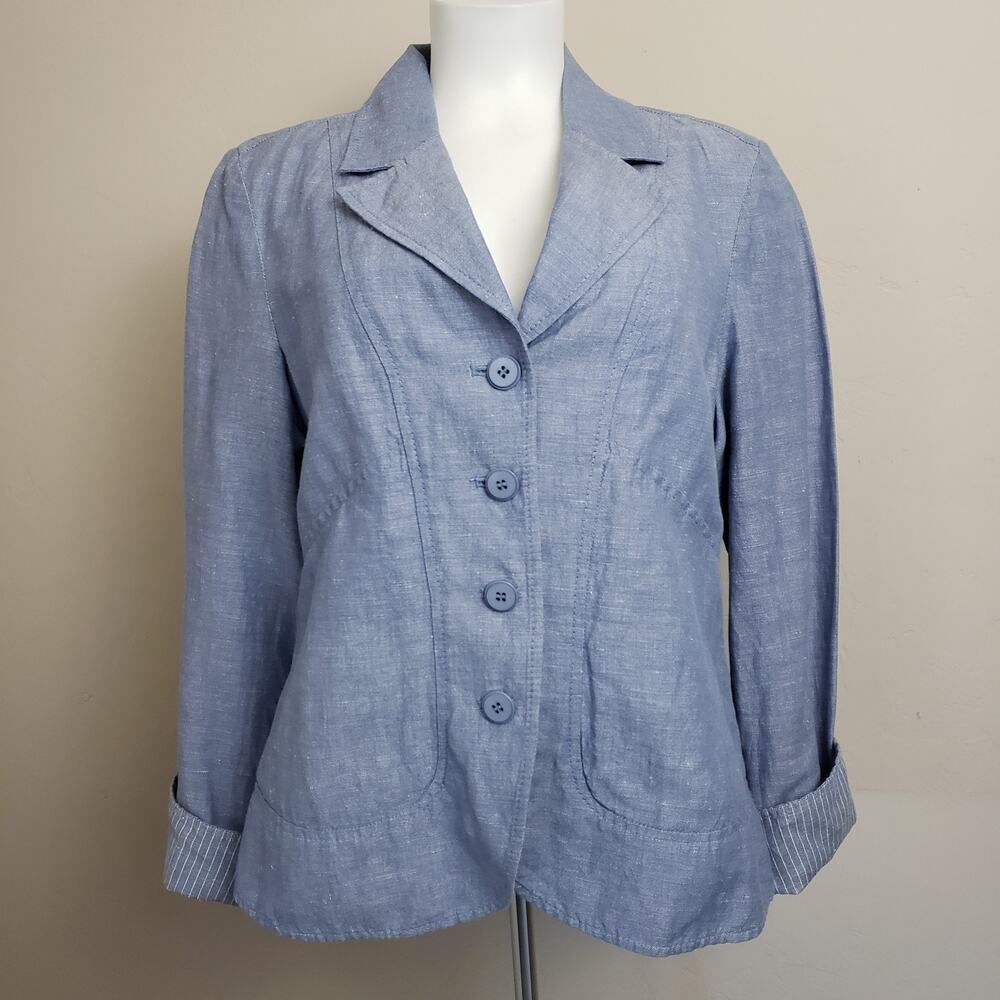 Pendleton Petite Womens Linen Cotton Blend Casual Blazer. Blue. Size Medium Pet